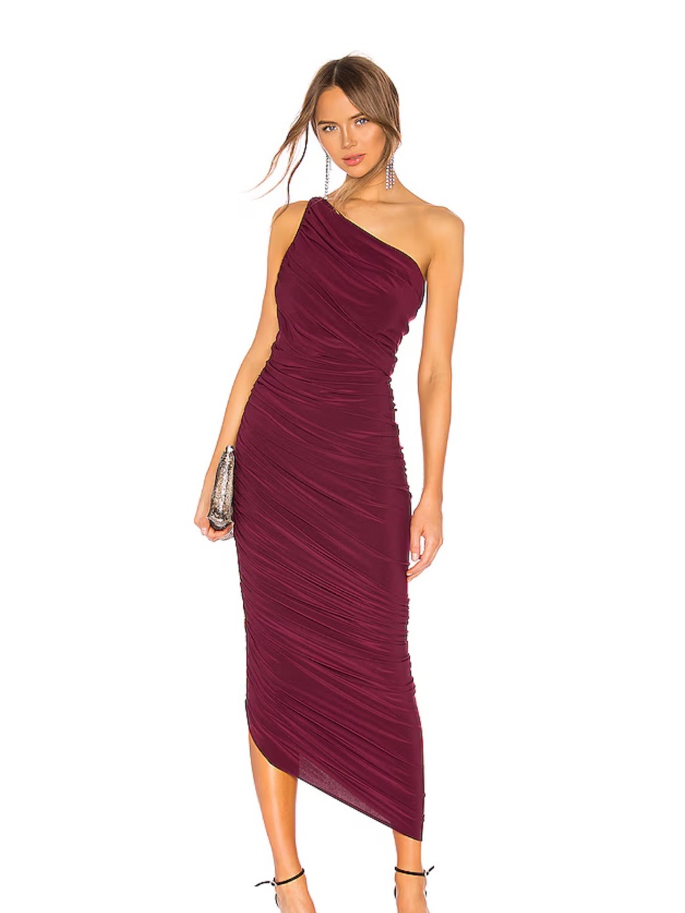 Norma Kamali Diana One-Shoulder Ruched Midi Dress in Burgundy